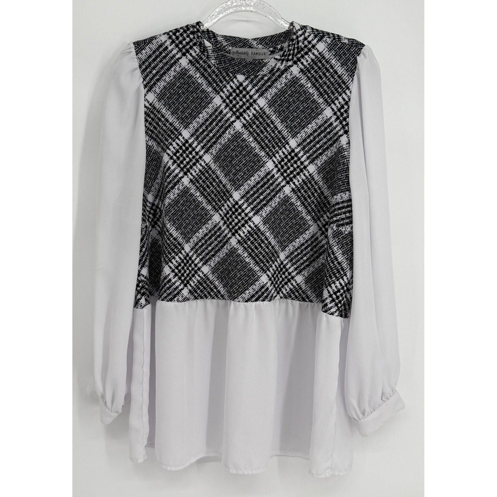 Absolutely Famous Womens Sz 1X Black White Plaid Mixed Media Tunic Blouse